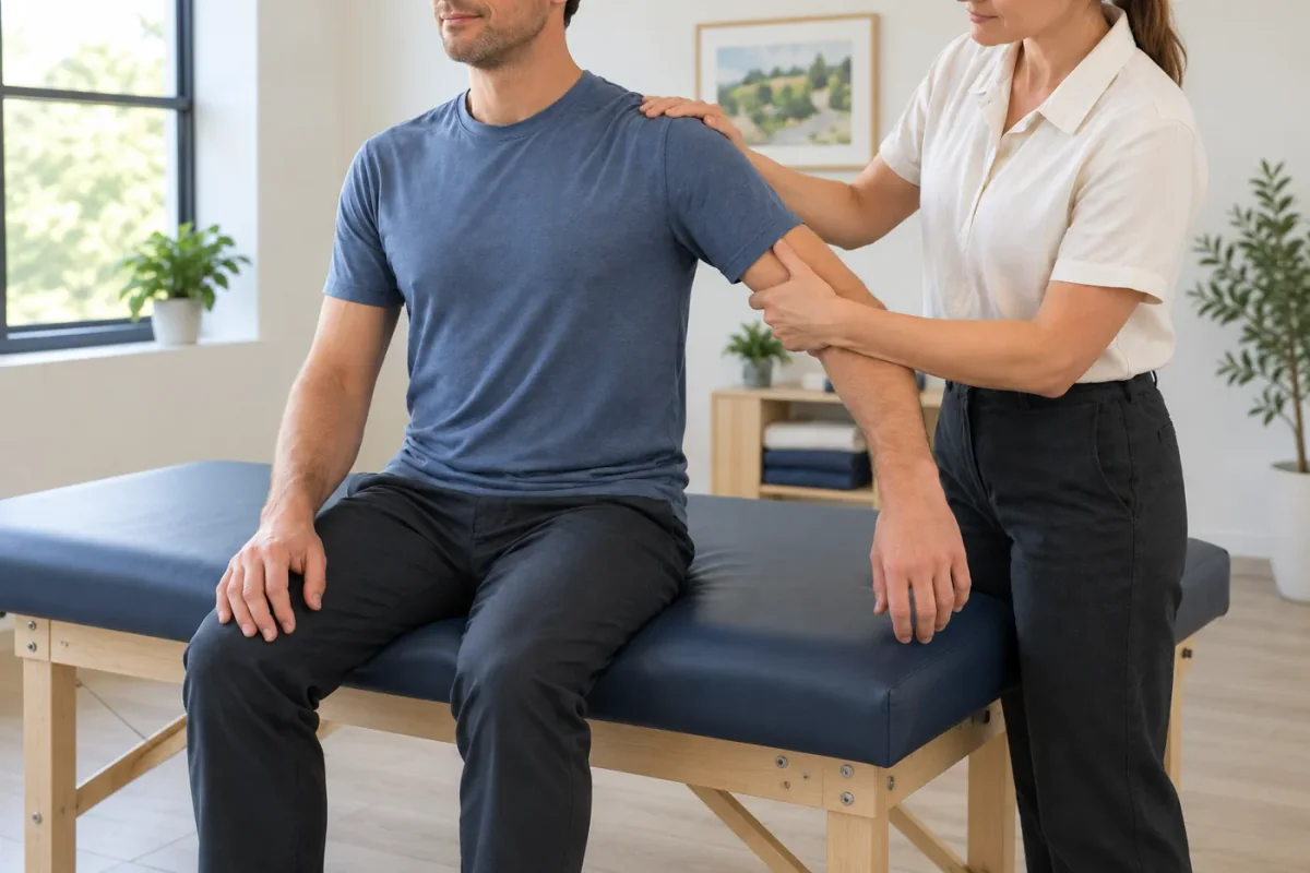 Illustrative shoulder assessment with a fully clothed adult seated on a massage table