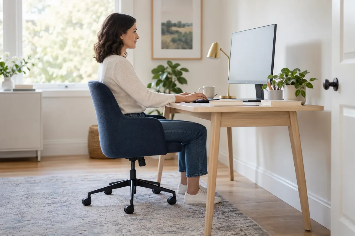 Illustrative home office scene showing a comfortable seated desk setup