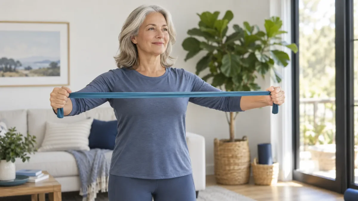 Illustrative scene of an adult practicing a gentle resistance-band exercise at home